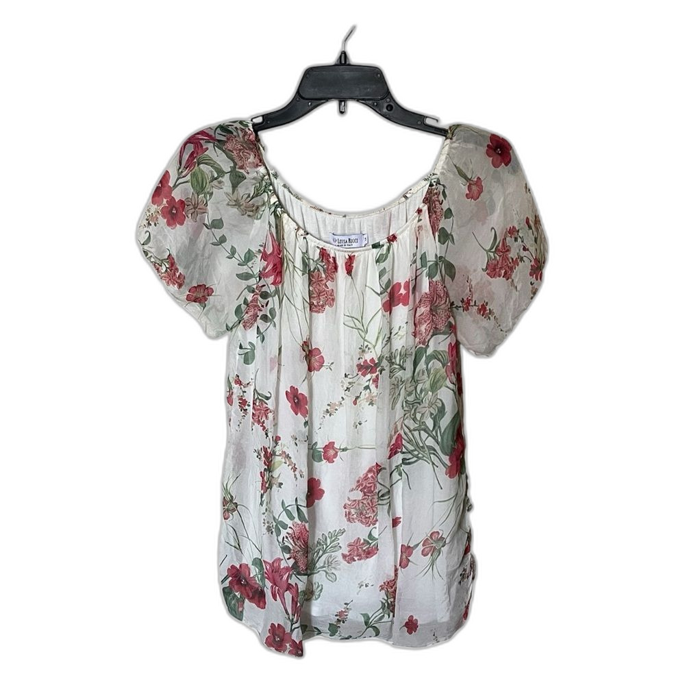 Luisa Ricci Italy Silk Pink/Green Floral Peasant Blouse Shirt Top Size Medium